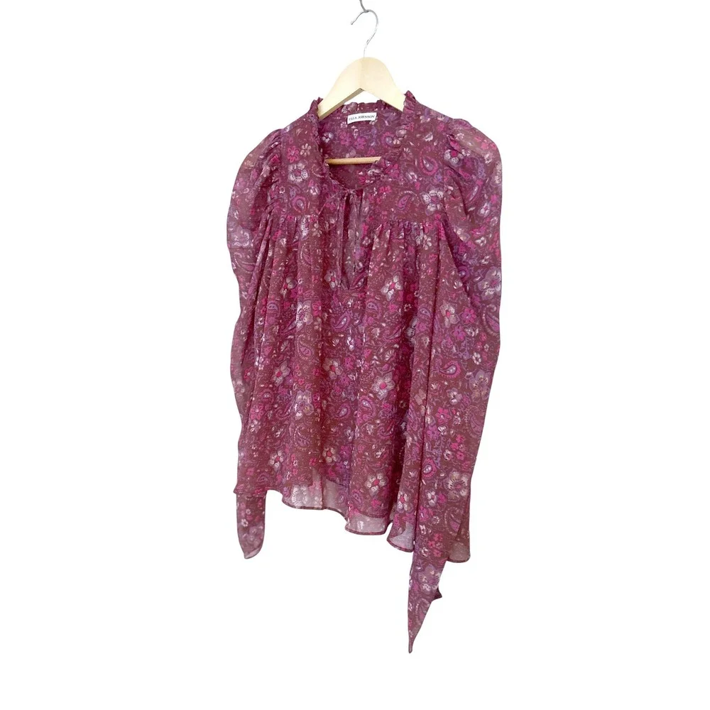 Ulla Johnson Renly Silk Paisley Floral Puff Sleeve Blouse Berry Purple Size 8